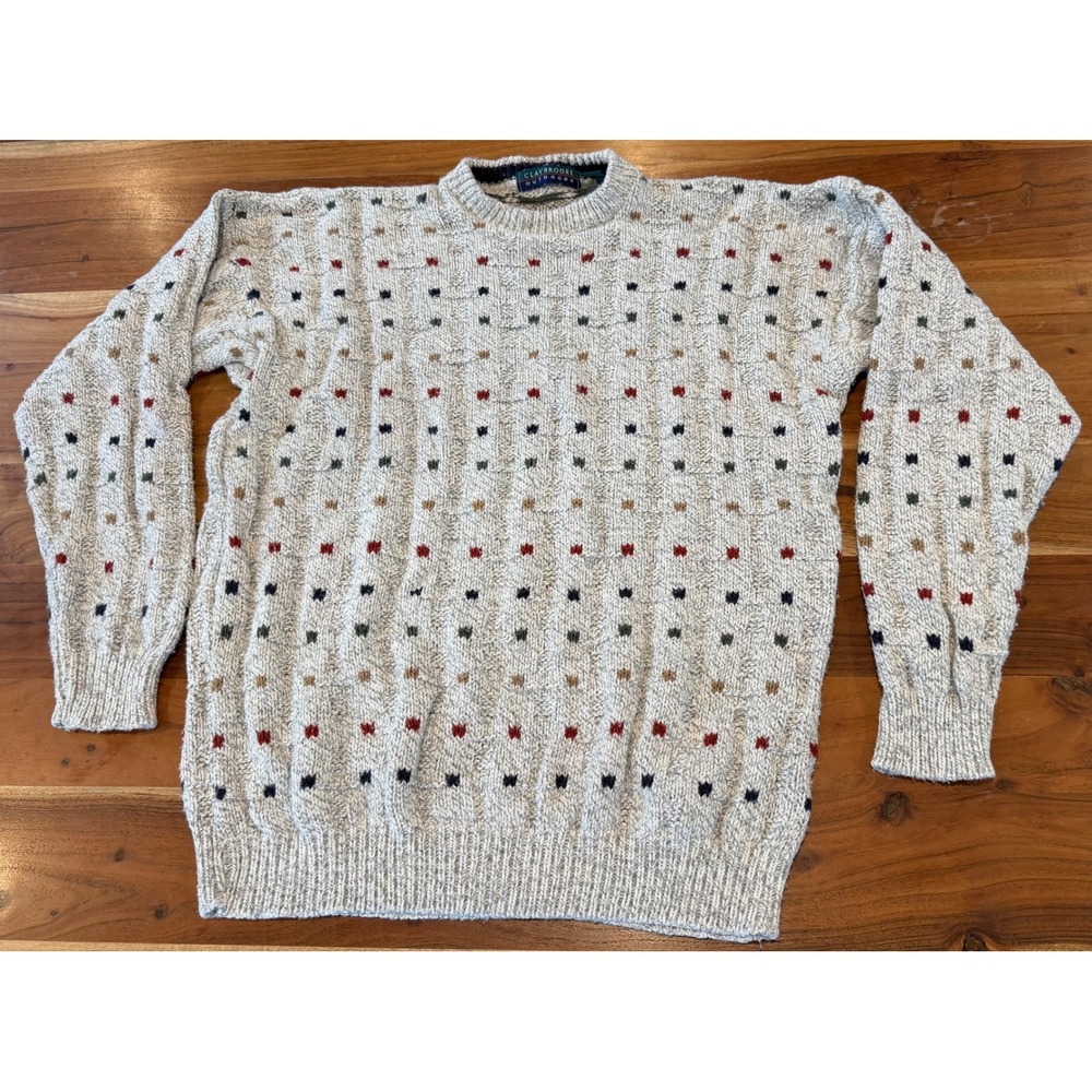 Claybrooke Outdoors Mens Large Cotton Knit Sweater Grey Multi Color Dot USA Made